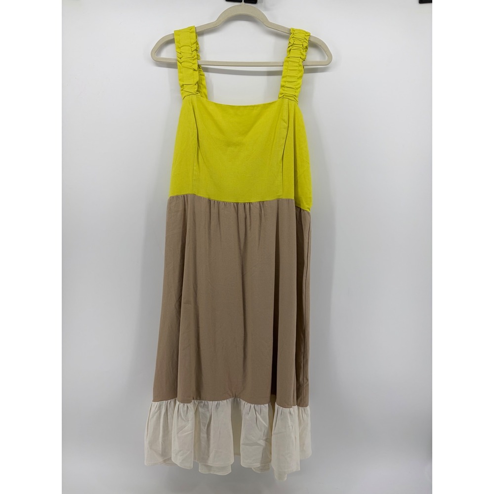 52seven Womens XL Yellow Tan Colorblock Rayon Linen Midi Dress Smocked Ruffle